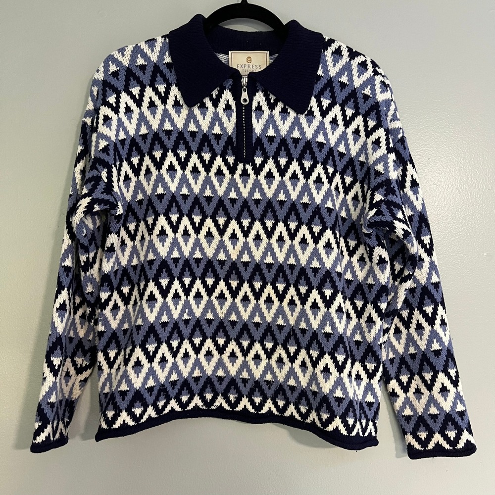 Vintage Express Tricot Mens Small Blue Geometric Diamond Quarter Zip Sweater 90s